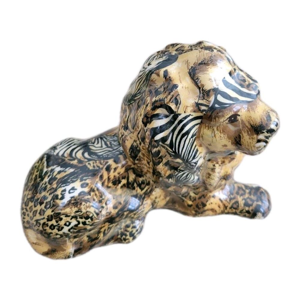 La Vie Safari Vintage Glazed Ceramic Decoupage LION Statue Sculpture Patchwork